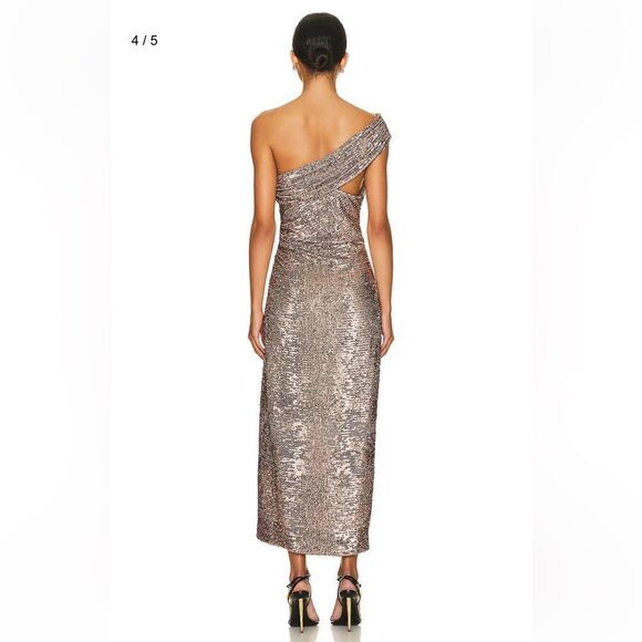 Jonathan Simkhai Zay Hammered Sequin Draped Bustier Midi Dress silver party FWRD - Picture 5 of 10